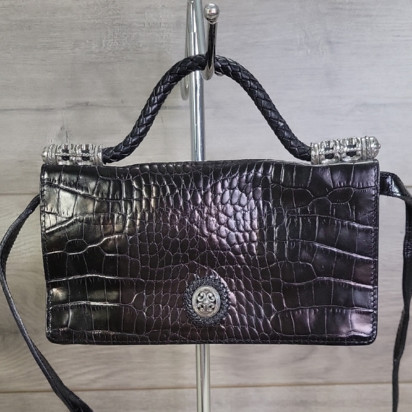 Brighton Black Crocodile-Embossed Leather Small Top Handle Crossbody Bag - Picture 1 of 12